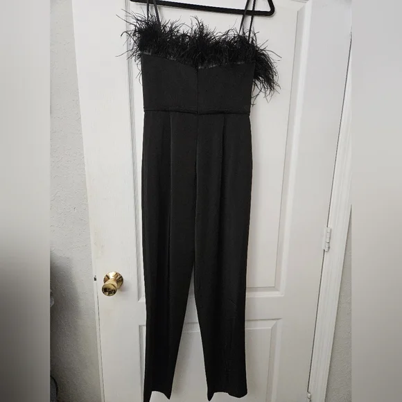 Ieena for Mac DuggalBlack Strapless Jumpsuit with Feather Trim 68146 SZ  6 NEW - Picture 6 of 11